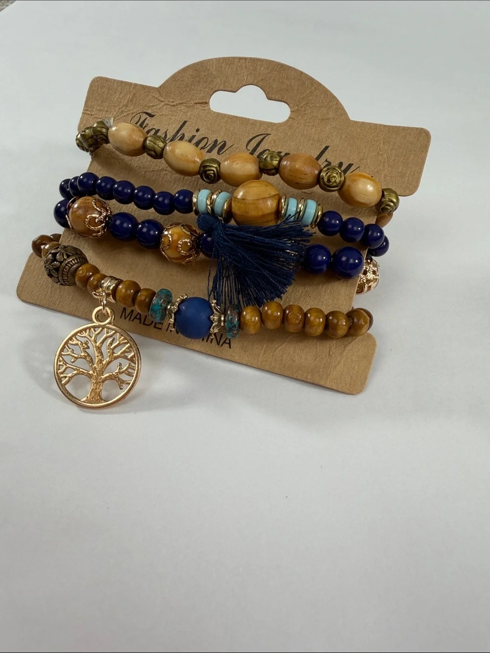 Fashion Jewelry Navy and Brown Beaded Bracelet Stack with Tree Charm